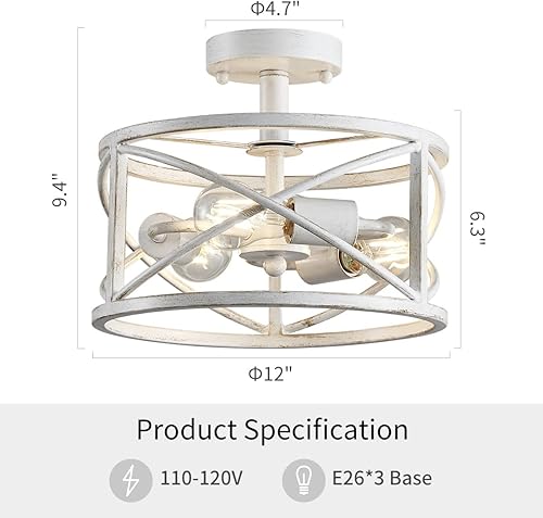 Miniatura 2 de WUZUPS Candelabro de 3 luces vintage de granja industrial semiempotrado para techo, para vestíbulo, dormitorio, pasillo, almacenamiento, cocina,