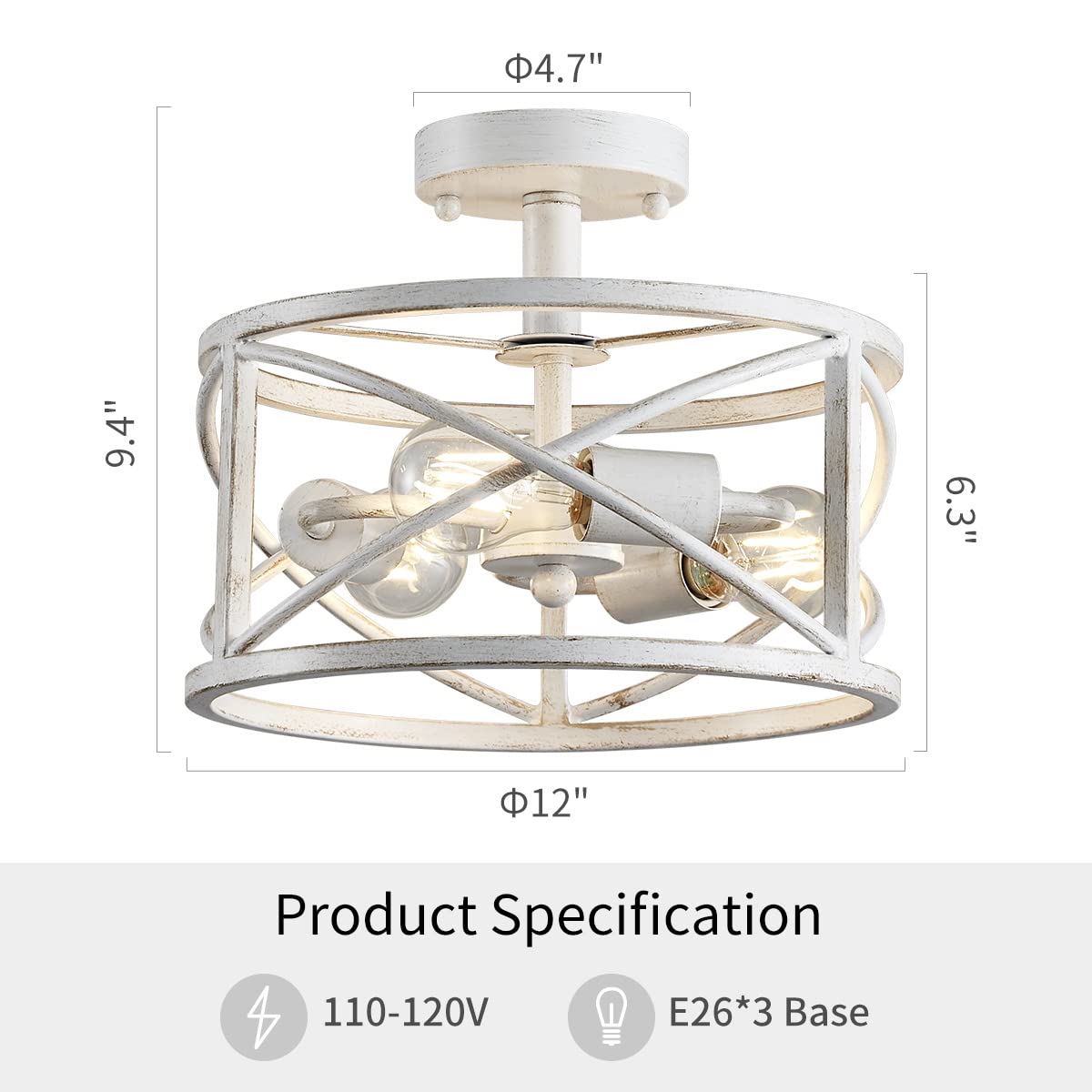 WUZUPS lampadario 3 luci vintage casa colonica industriale semi-incasso plafoniera apparecchio di illuminazione per foyer camera da letto corridoio ripostiglio cucina bagno, base e27, bianco antico