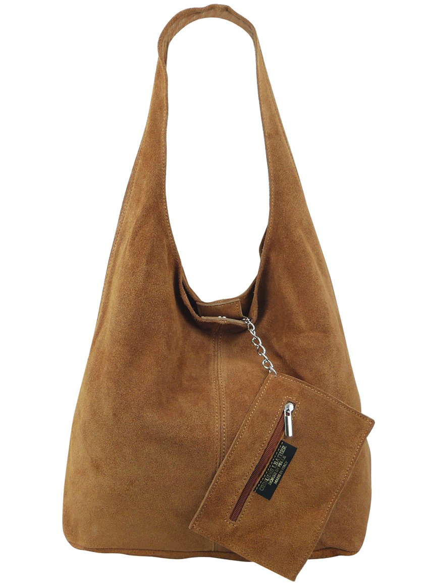 Freyday BT02 - Borsa da donna, in pelle scamosciata, borsetta a tracolla dall’effetto metallizzato, cognac, Grande