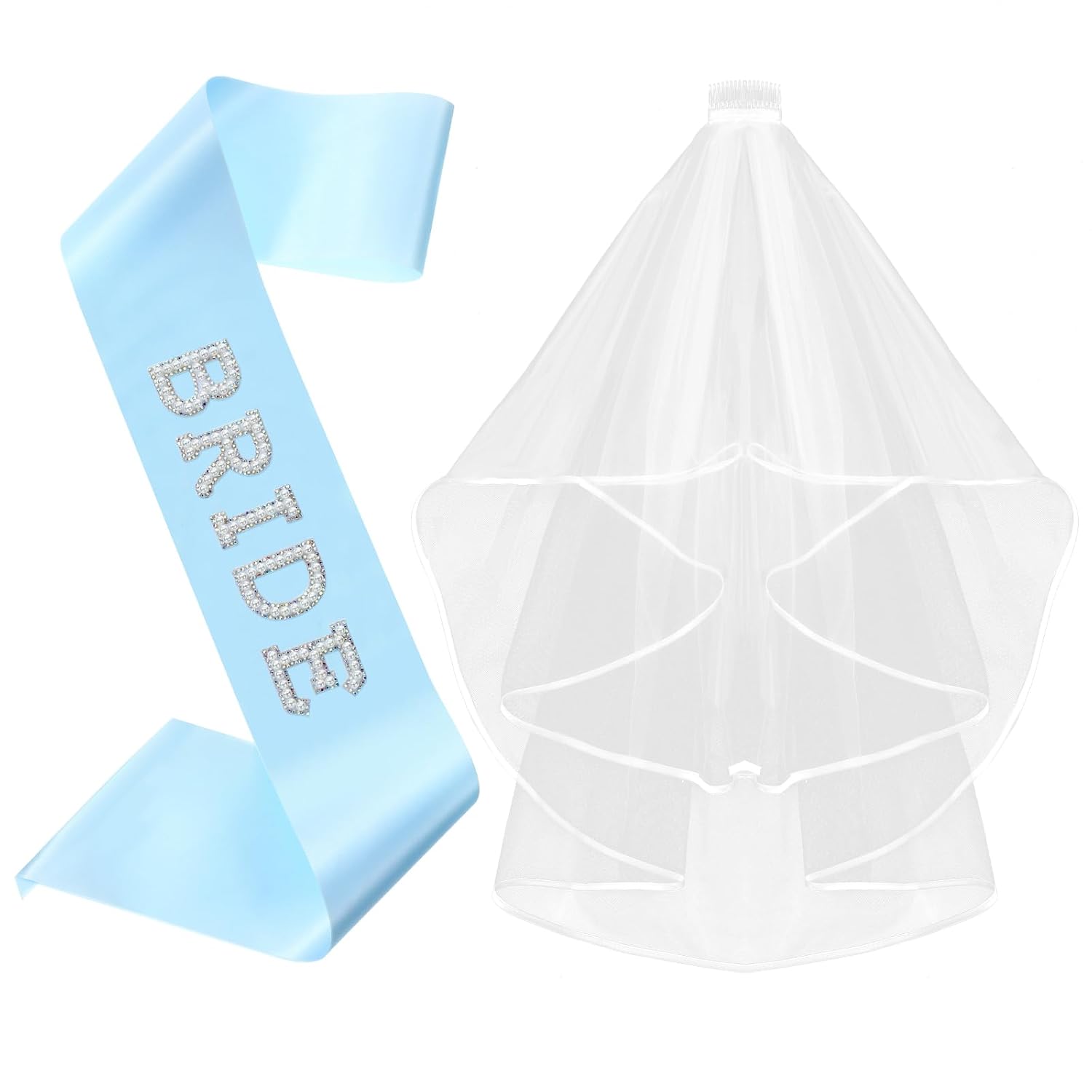 2 Pcs Bride Sash and Bridal White Veil for Wedding, Mrs Bride Pearl Sash, Bridal Shower Veil, Something Blue, Bachelorette Party Accessories Favors, Bridesmaid Gift for Women