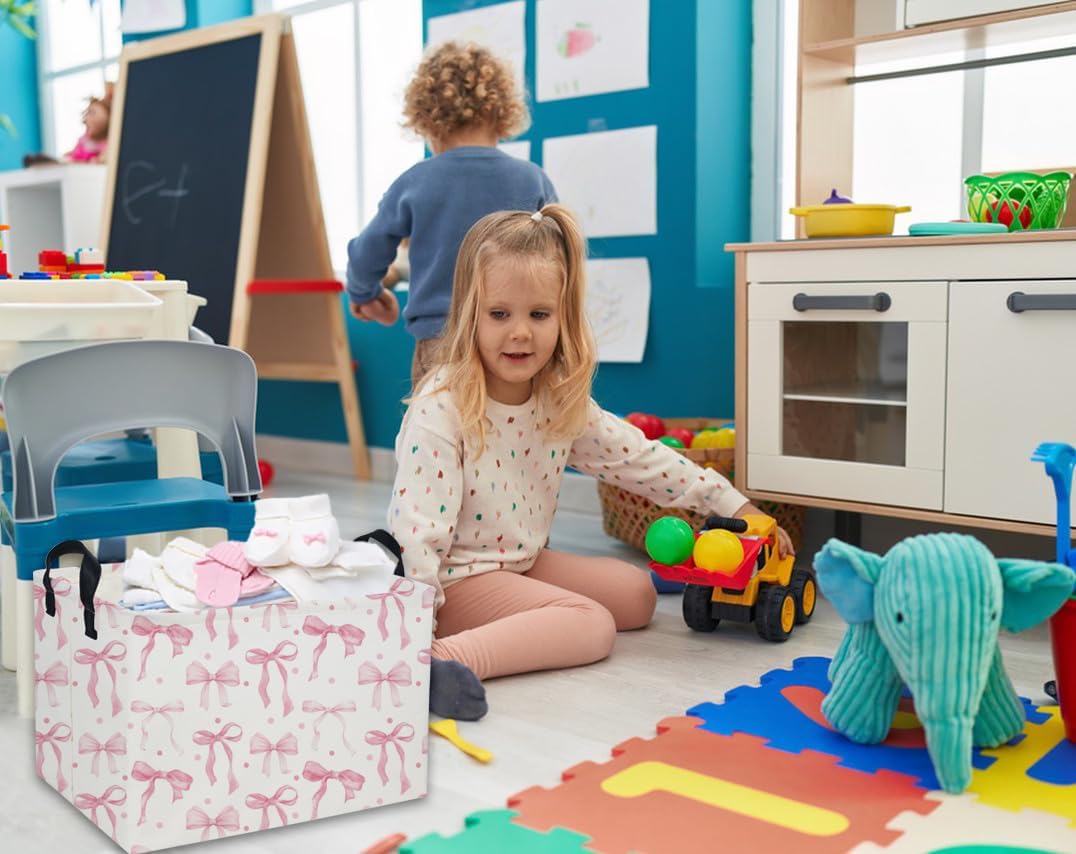Kids Basket Pink Baskets Girls Basket Rectangular Cute Storage Bin for Room Decor(Pink bownot) - Image 7