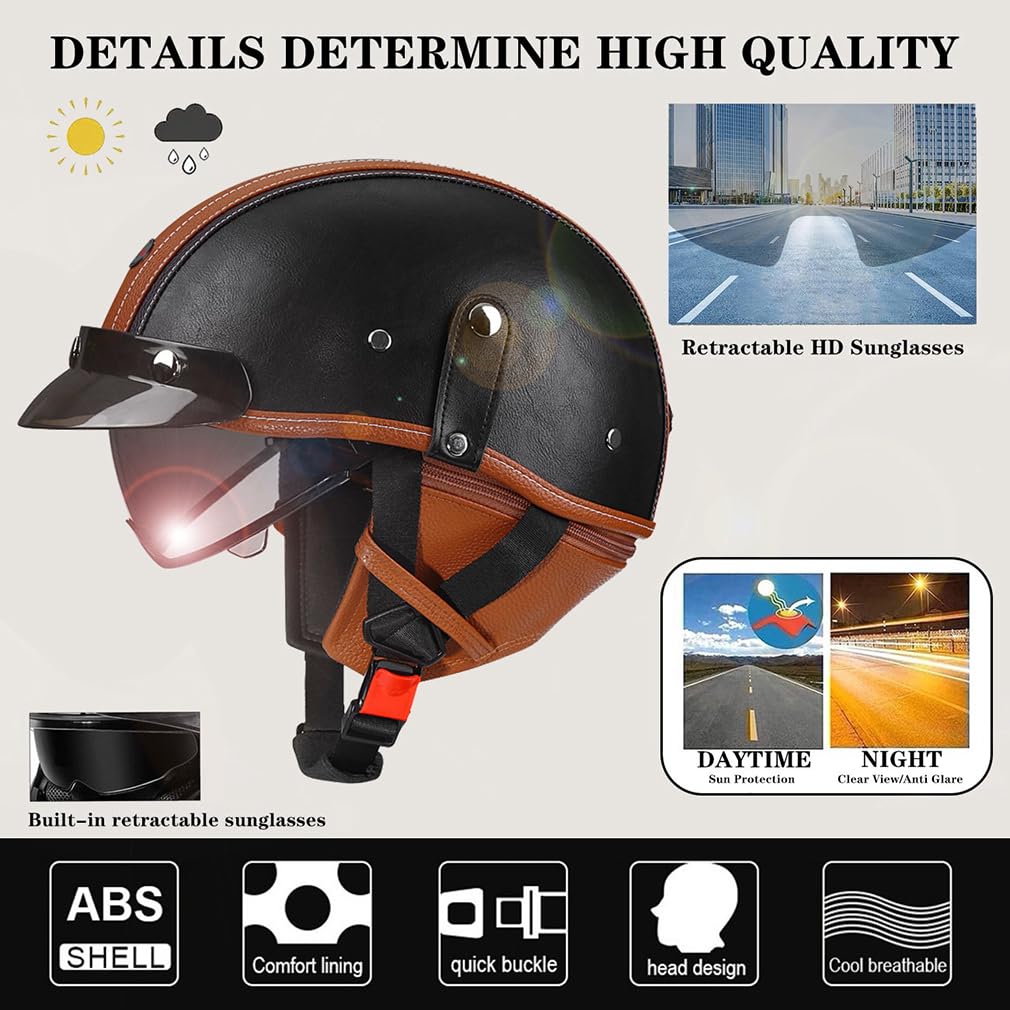 Casque de Moto Vintage Cuir Retro Vintage Scooter Open Face Demi Cuir avec visière Lunettes ECE Bols pour Homme et Femme Adultes Demi-Casques avec Sac de Rangement