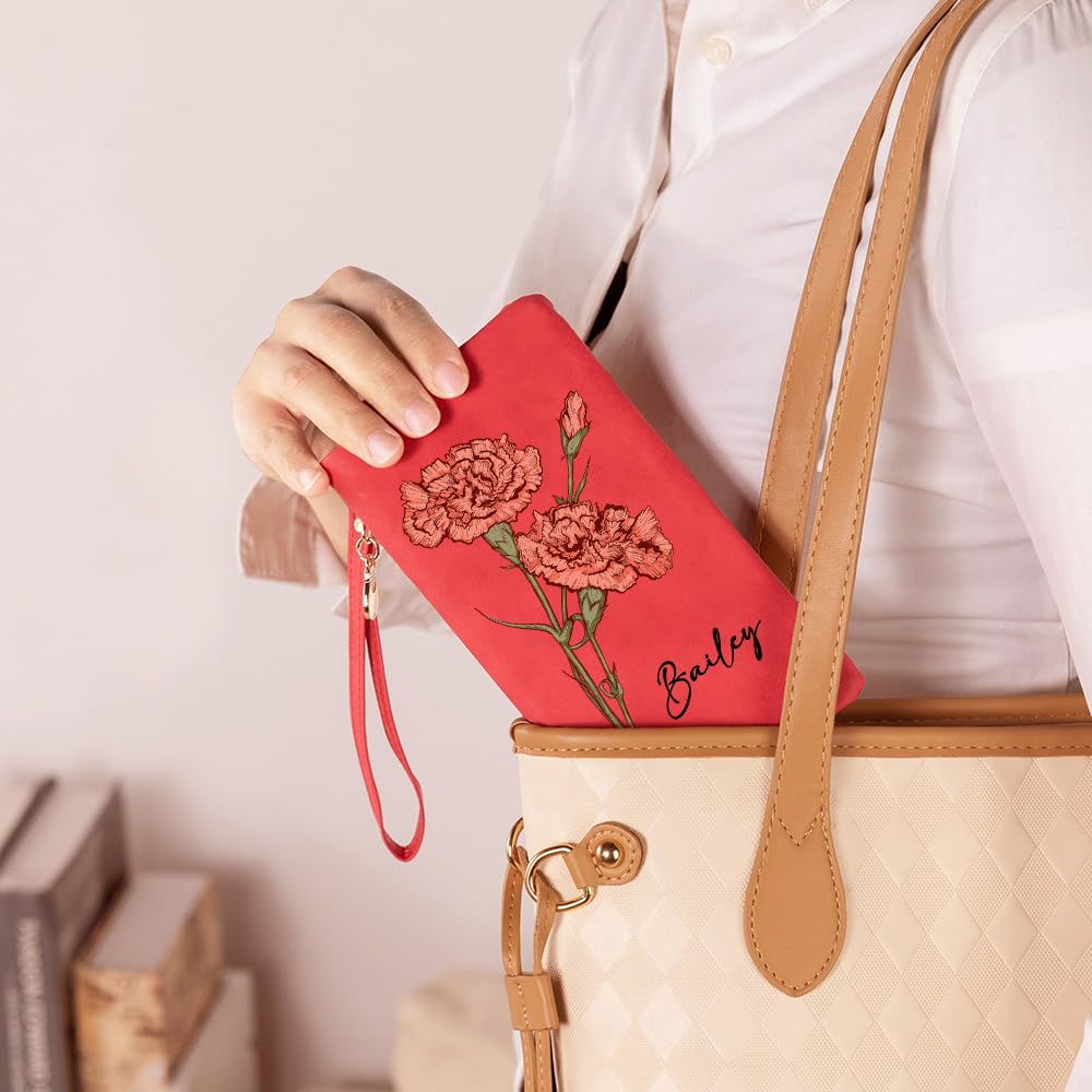 Monedero de cuero personalizado para mujer, con nombre personalizado, flor natal en acuarela, triple compartimento, correa para la muñeca, bolsillo largo para el móvil, ideal para mamá,esposa o abuela