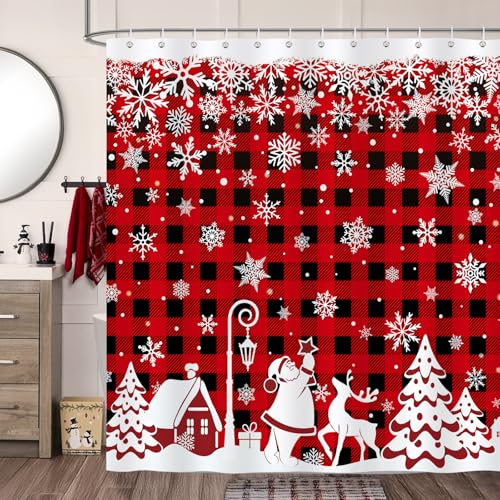 Bonhause Christmas Shower Curtain Winter Snowflakes Xmas Village Santa Red Black Plaid Bathroom Decor 72 x 72 Inch Polyester Fabric Waterproof Bath Curtain with 12 Hooks