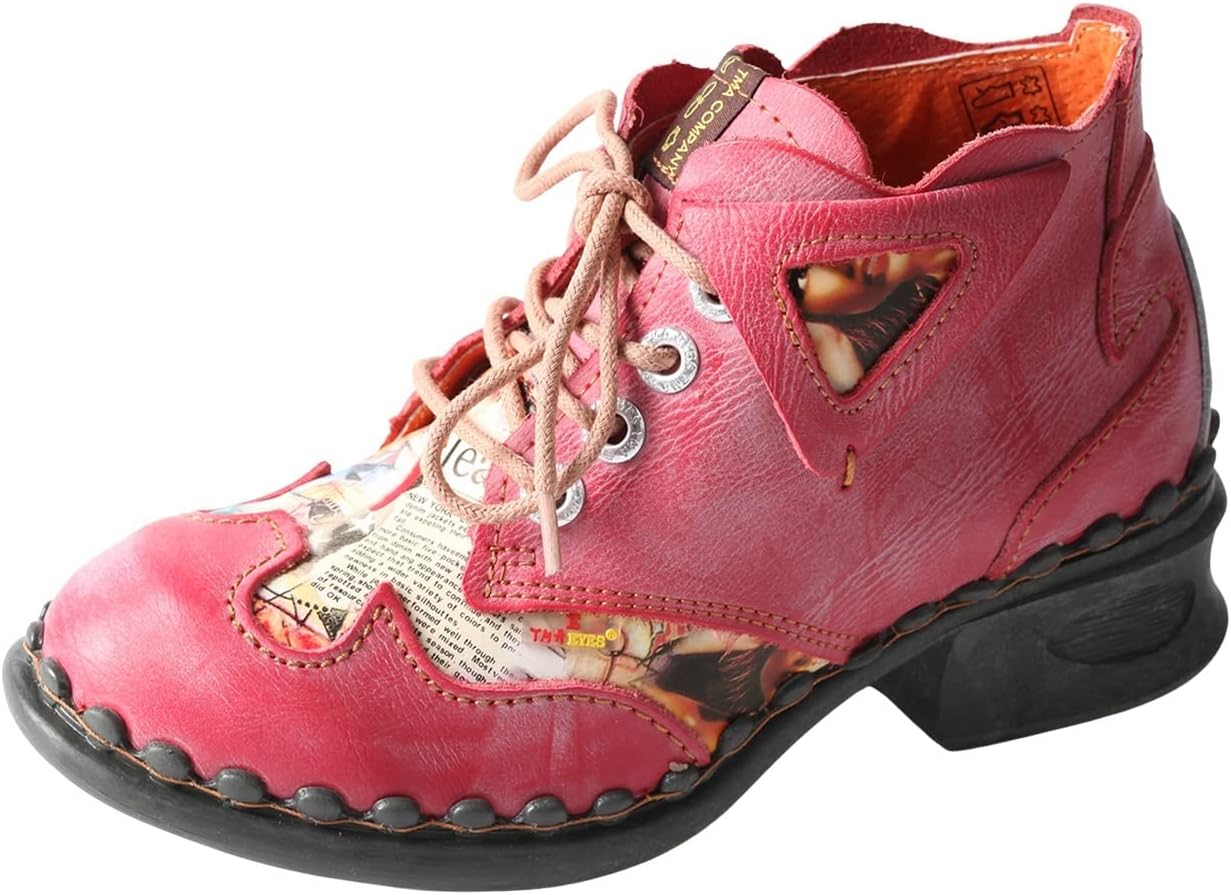 TMA EYES Leather Women's Ankle Boots Shoes for Outdoor,Medium heel, Floral Newspaper Printed Leather Material