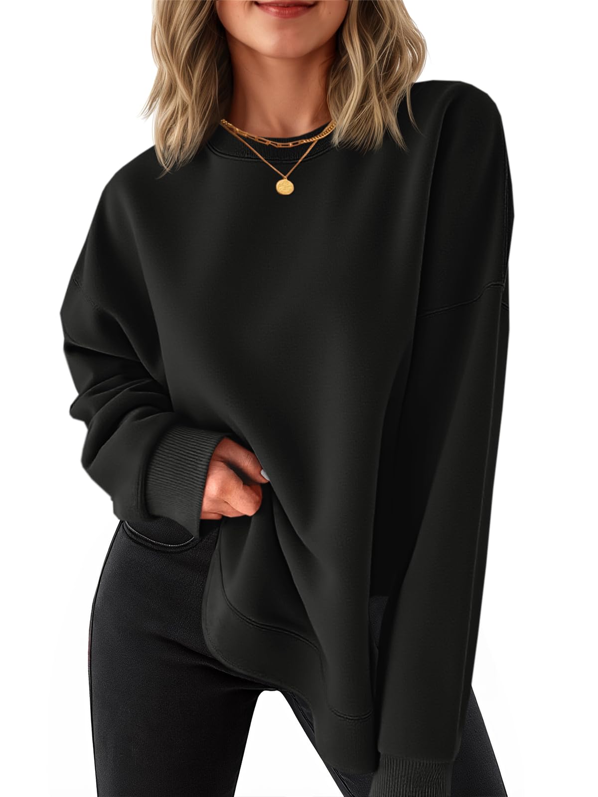 Fisoew Pullover Damen Rundhals Langarm Sweatshirts Seiten Schlitz Langarmshirts Elegant Basic Pulli Loose Tunika Tops Casual Oberteile