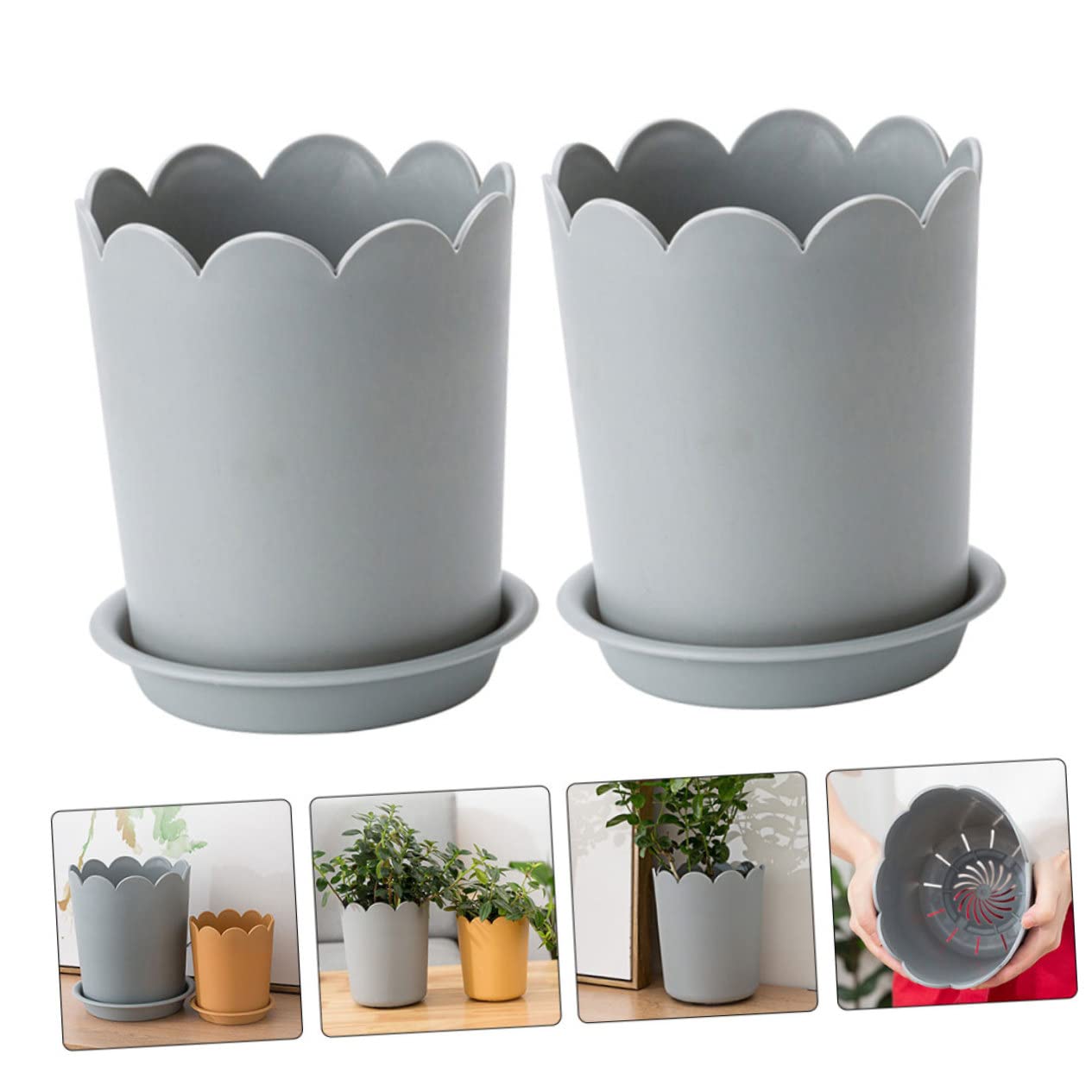 Abaodam 10 Ensembles Pots de Fleurs Plastique Renforcé de Petits Pots de Plantes Soucoupes pour Repiquage Plantes Intérieur Grise Petite Drainage Aération