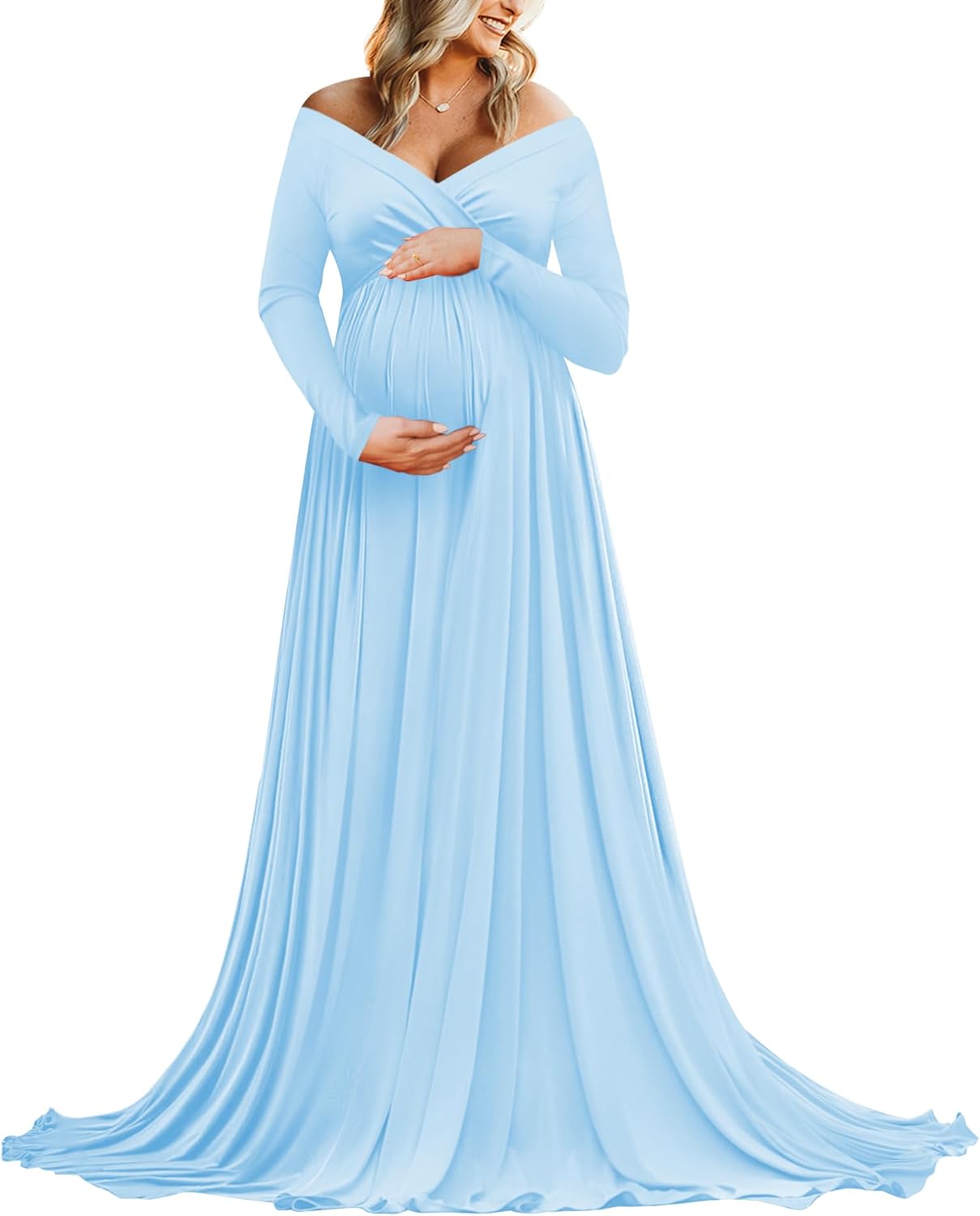 Saslax Maternity Off Shoulders Half Circle Gown for Baby Shower Photo Props Dress X-Large N-light Blue 59