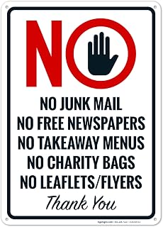 No Junk Mail Free Newspapers Takeaway Menus Charity Bags Leaflets Flyers Thank You Sign, 10x14 Inches, Rust Free .040 Aluminum, Fade Resistant, Made in USA