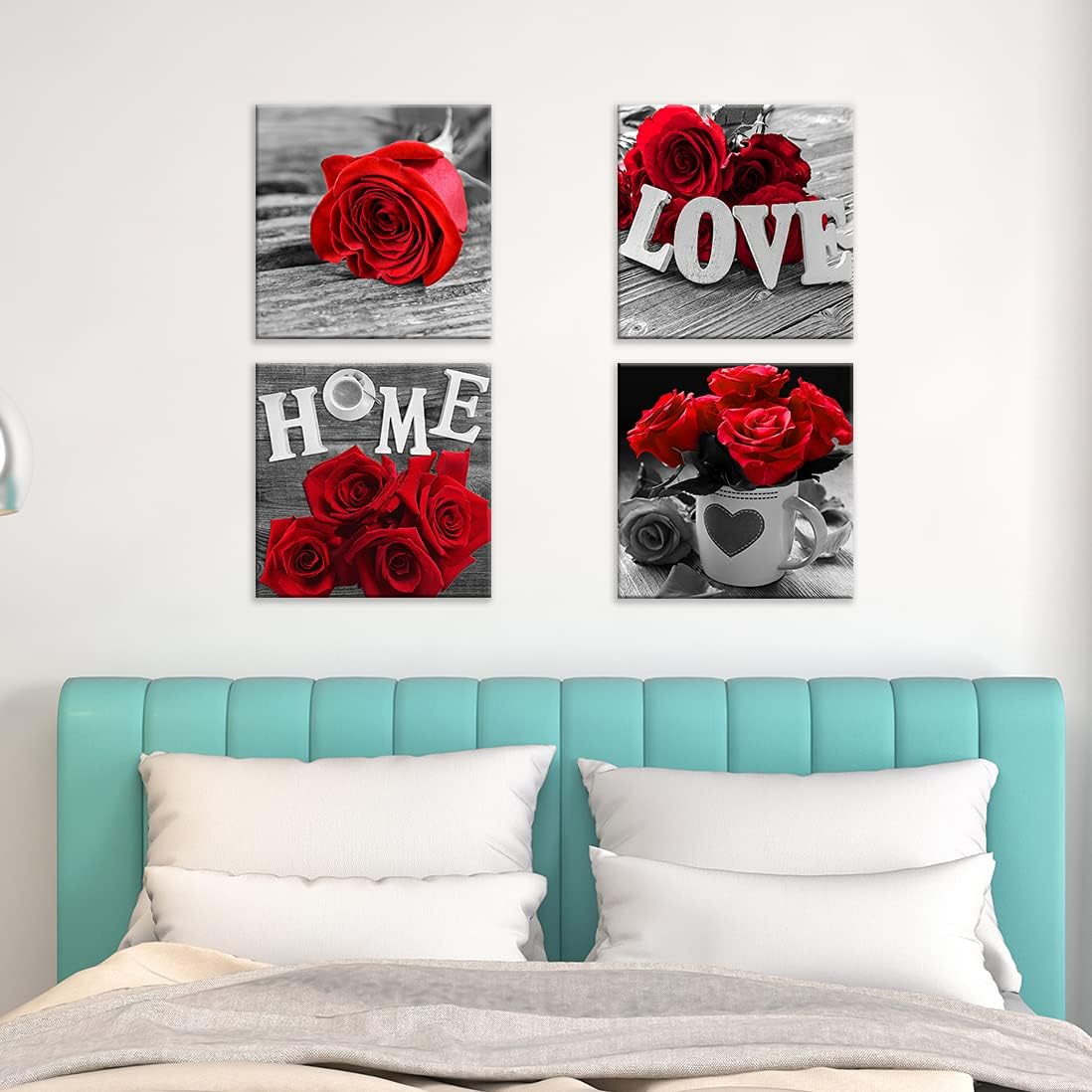 Biufo Rose Wall Art Painting Black and White Floral Canvas Print Home Sign Picture for Bedroom Kitchen Living Room Farmhouse Decor (12"x12"x4pcs, Red)