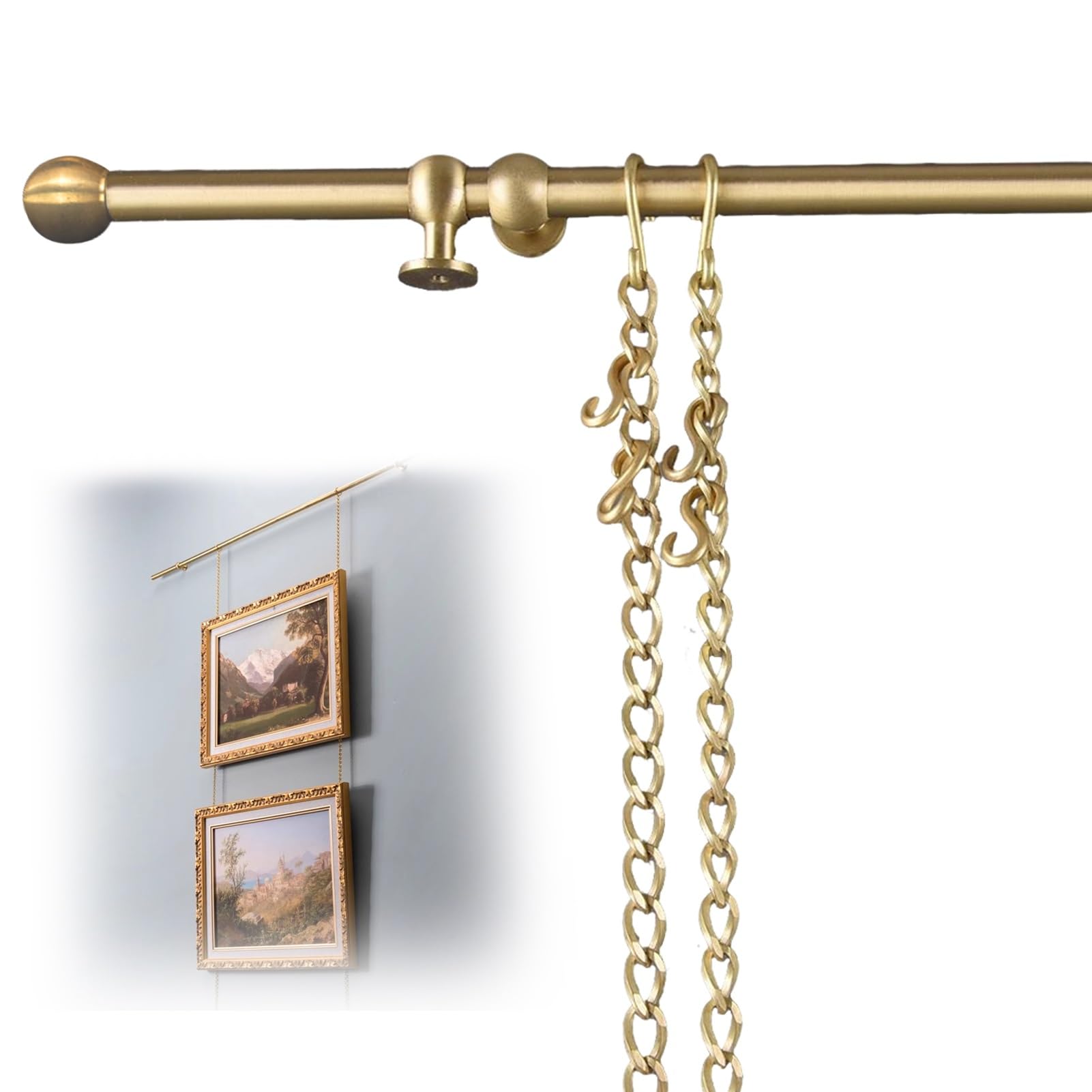 Sistema di binari in Ottone per Appendere Quadri, Poster e specchi, con Catene e Ganci - Accessori per la Decorazione di pareti in Stile Galleria d'Arte Antica