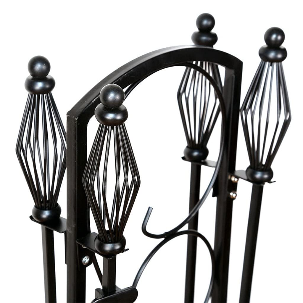 Set di 5 attrezzi per camino, accessori per camino, pinze, attizzatoio, base in metallo, pala e spazzola, adatto per stufe a legna per interni, decorazione in ferro battuto