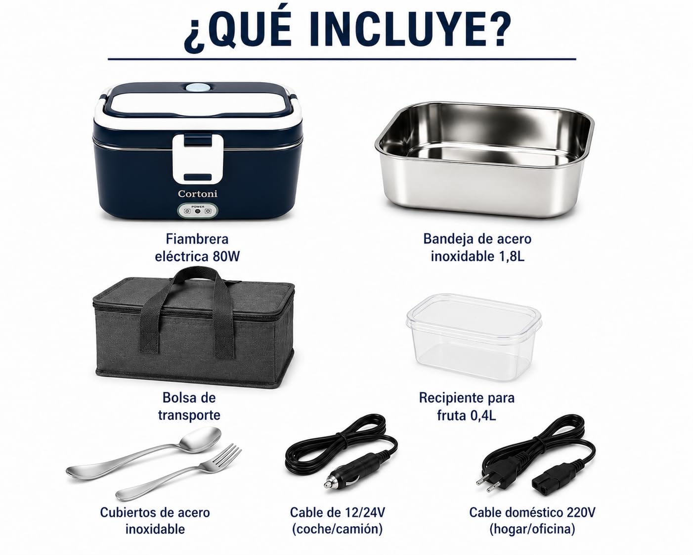 Fiambrera Eléctrica 1,8L + 0,4L – Fiambreras Comida Trabajo, Taper electrico Comida Caliente para Casa, Trabajo, Coche y Camión 12V/24V/220V