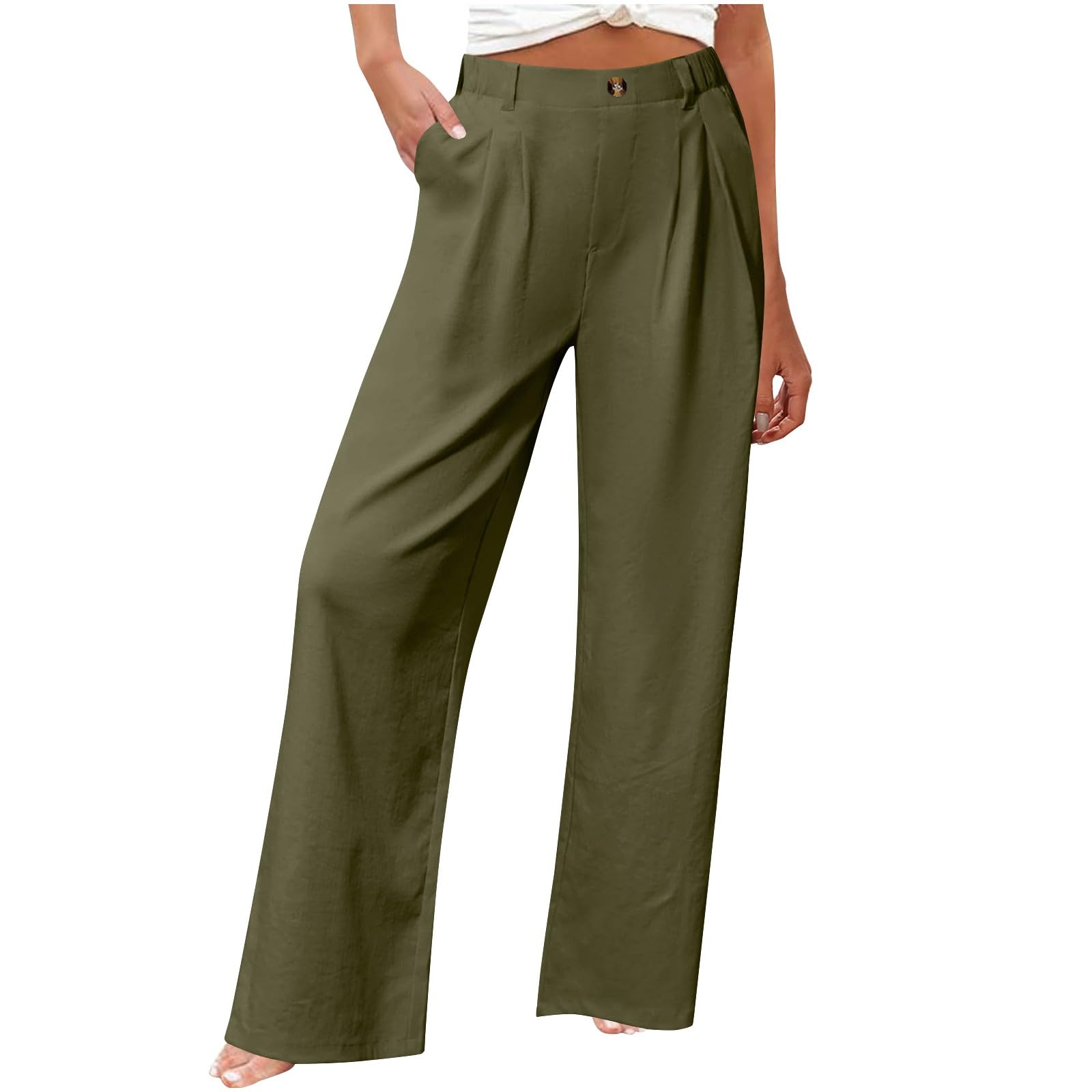 Womens Wide Leg Pants Casual Fashion Loose Fit Elastic High Waisted Trousers Summer Palazzo Beach Pant with Pockets Army Green