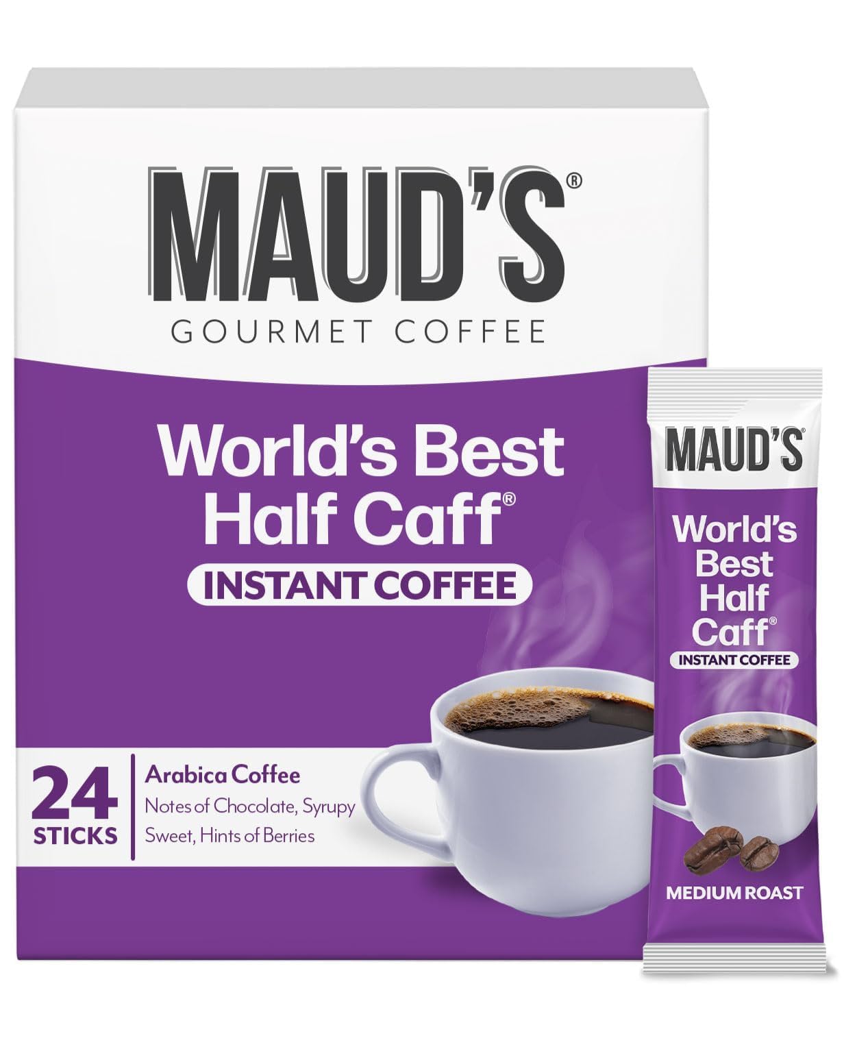 Maud's Half Caffeine Instant Coffee, 24 ct, 100% Arabica Coffee, Medium Roast, Instant Hot or Iced Coffee - Just add water