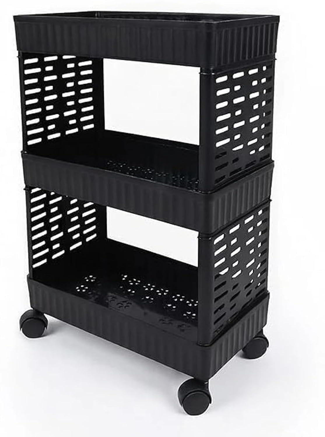 Black 3 Tier Plastic Storage Trolley with Wheels | Multipurpose Rolling Storage Rack Organizer for Kitchen Bathroom Bedroom Laundry Office | Utility Cart with 3 Storage Baskets & Smooth Casters-image-37