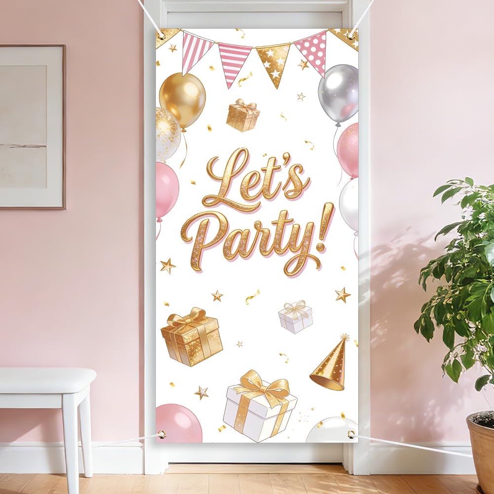 arricraft 1pc Let's Party Polyester Door Cover, 72.83"x35.43" Pink Birthday Backdrop Banner Door Porch Sign Photography Background for Party Porch Home Decor Accessories