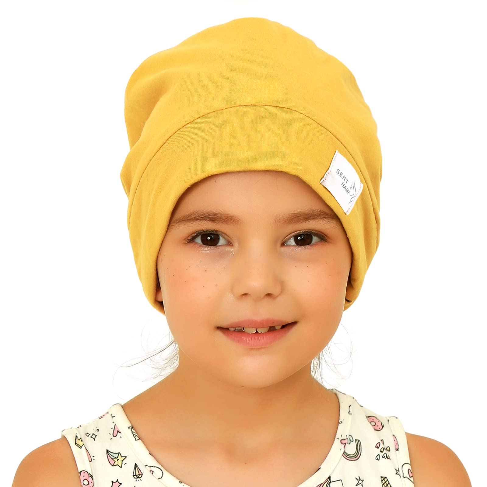 sent hair Kids Satin Lined Bonnet Silk Slouchy Beanie, Adjustable Sleep Cap for Kids/Child/Toddler/Teens Natural Hair (4-10 Years Old, Yellow)