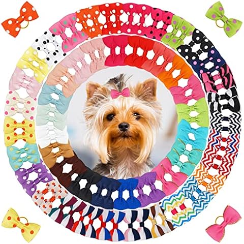 Yxiang 100PCS Cute Pet Grooming Accessories - Colored Polka Dot Hair Bows with Rubber Bands for Small Dogs and Puppies like Yorkies - 50 Pairs Cover