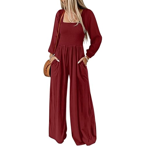 Dokotoo Women's Casual Loose Overalls Jumpsuits One Piece Long Sleeve Wide Leg Long Pant Rompers With Pockets