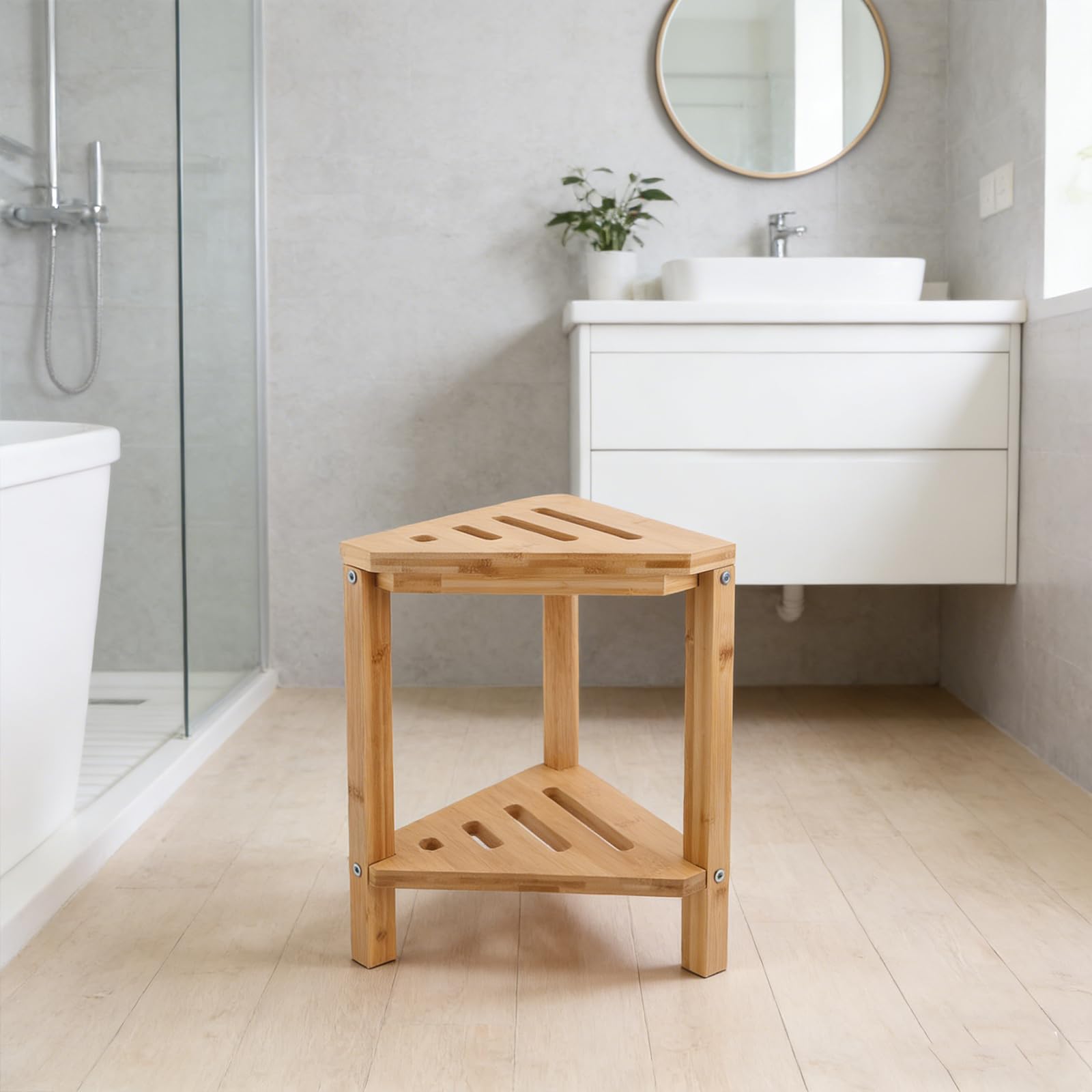 KICHOUSE Bamboo Shower Bench with Storage Shelf Shower Stool for Legs Shaving with Non-slip Base Corner Bathroom Organizer for Extra Space