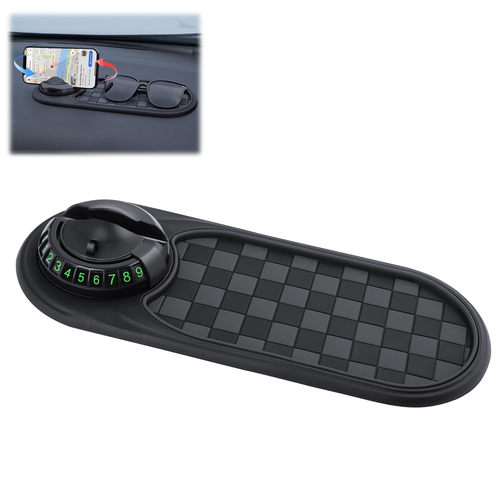 docucher Multifunction Car Anti-Slip Mat, Rotatable Car Anti Slip Mat Phone Holder, Multifunctional Dashboard Mobile Phone Holder with Temporary Parking Numbe, Car Dashboard Accessories (Black)