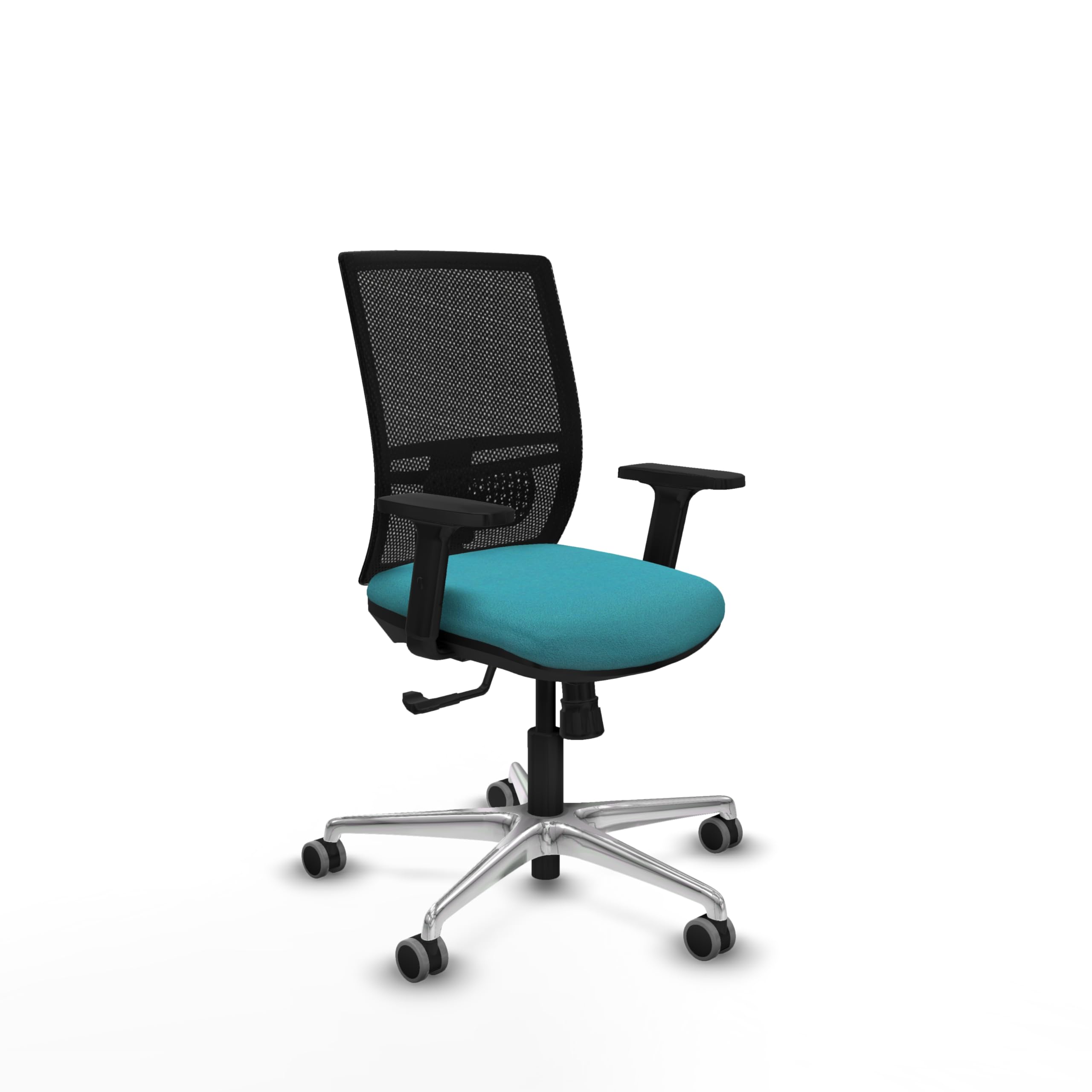 Piqueras y Crespo - Silla con Soporte Lumbar Ajustable Yunquera con Brazos 2D. Equipado con Sincro 4 Posiciones y Espuma de Corte. con Ruedas 65 Mm Parqué. Negro/Turquesa
