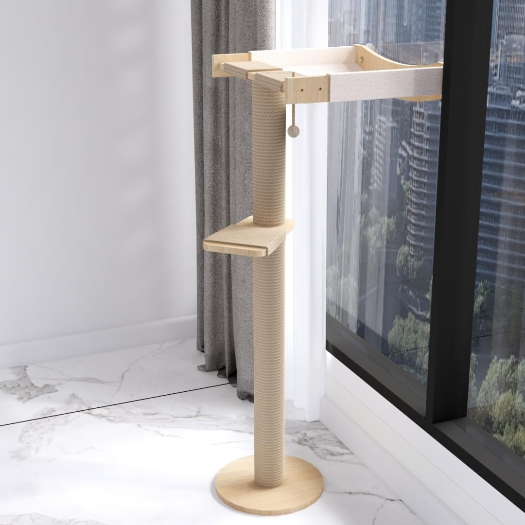 Cat Window Perch with Scratching Post Strong Supported - Large Hammock Bed for Cats Inside - Solid Wood Seat, Soft Cushion - Rustic Indoor Cat Tree Shelf for Sunbathing (Black, Large 2)