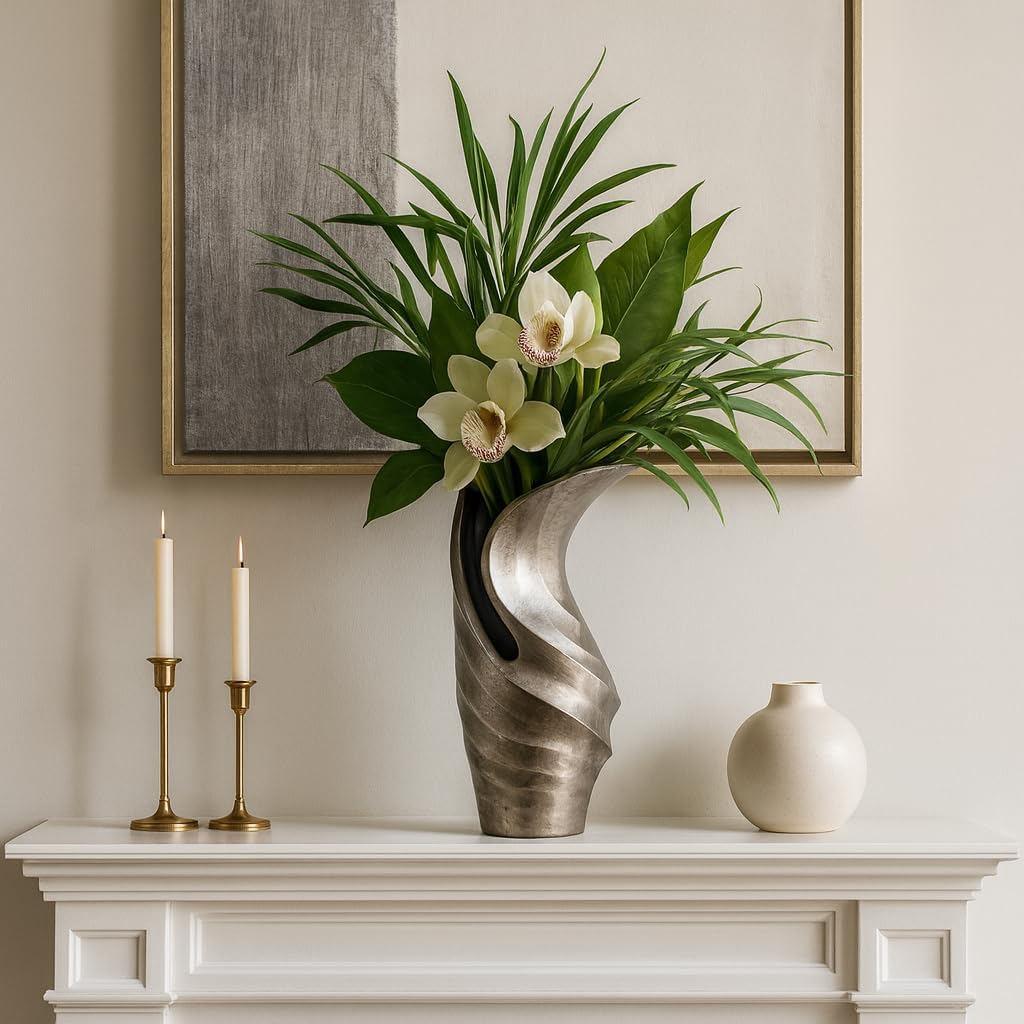 Metal Sculptural Vase for Living Room Decor and Home Accents - Elegant Flower Vase for Dining Room, Bedroom, or Office Styling - Designed for House and Entryway Table Displays- 12", Silver & Black