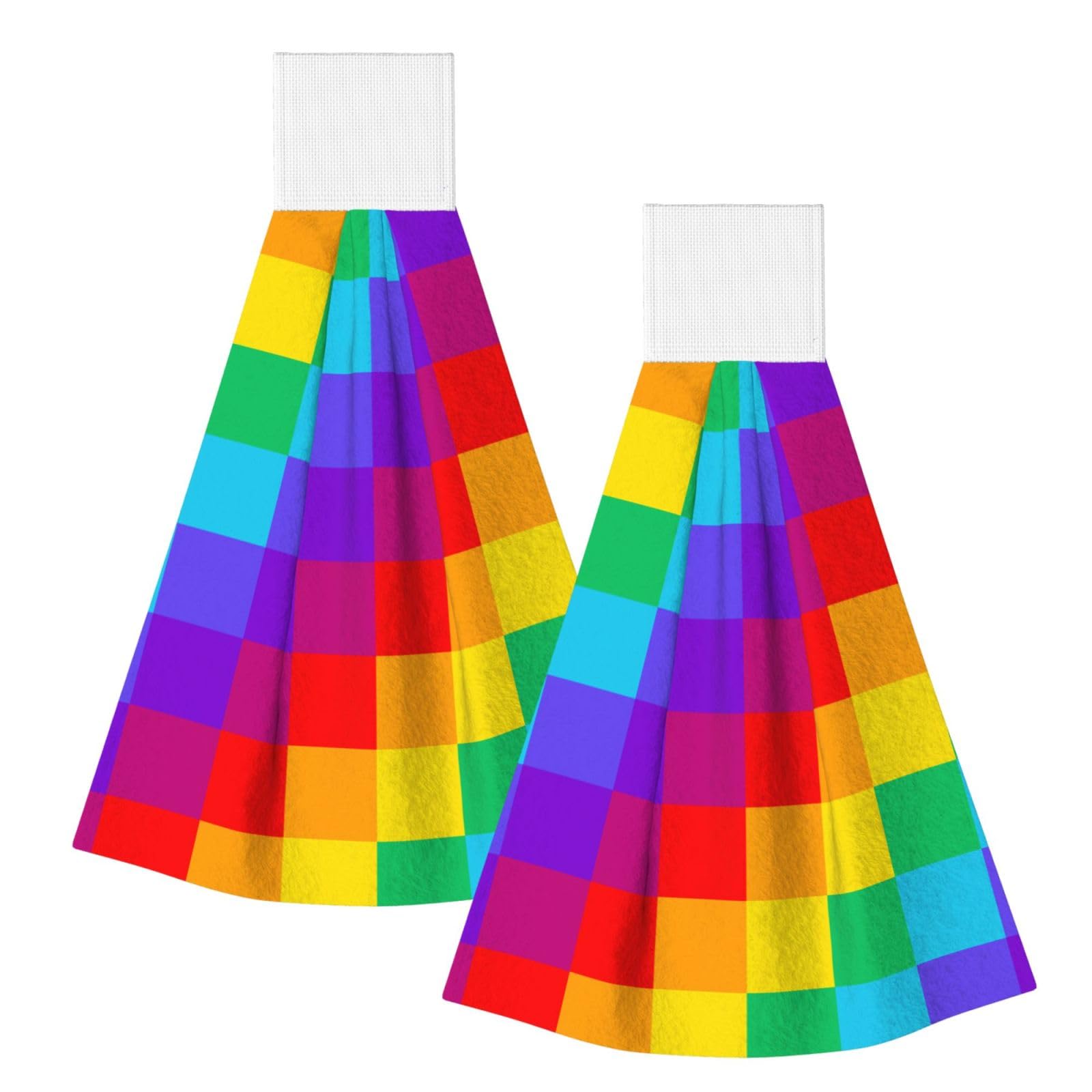 DOPKLNA Rainbow Plaid Pattern, 2 Pcs Hanging Coral Fiber Hand Towels for Bathroom, Absorbent Kitchen Towels