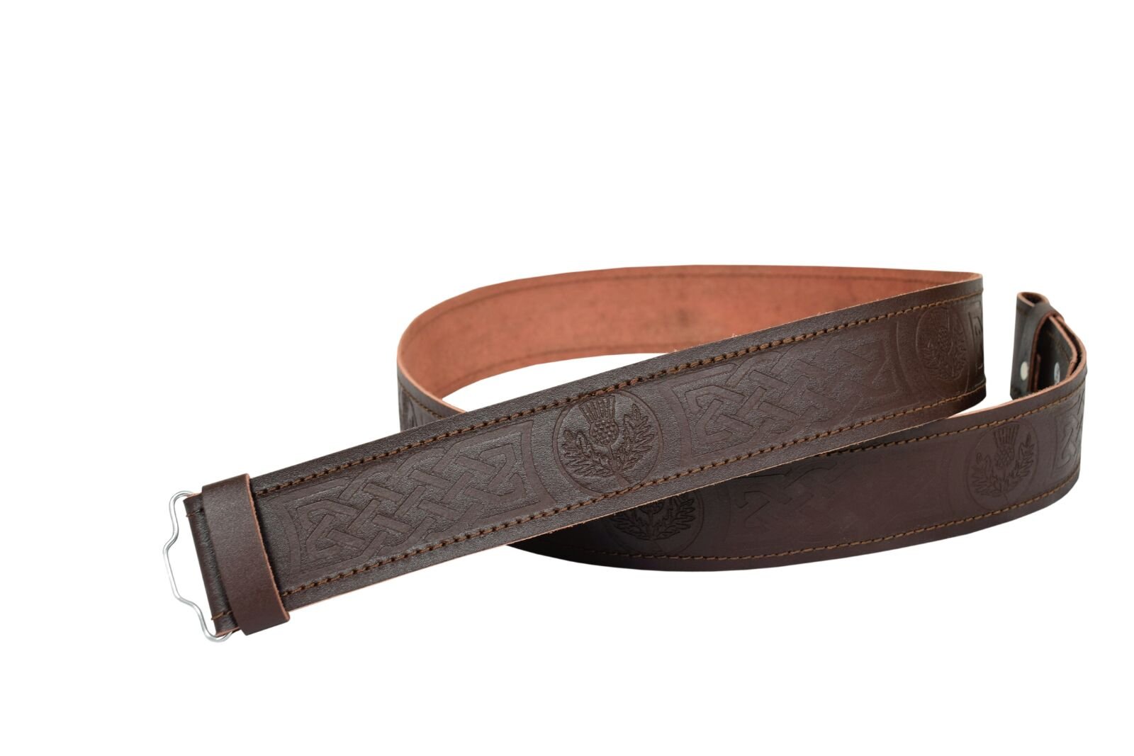 Shyne Kilts U.k Men's Brown Leather Kilt Belt Adjustable Size For Kilts Highland Thistle Embossed (Xl)