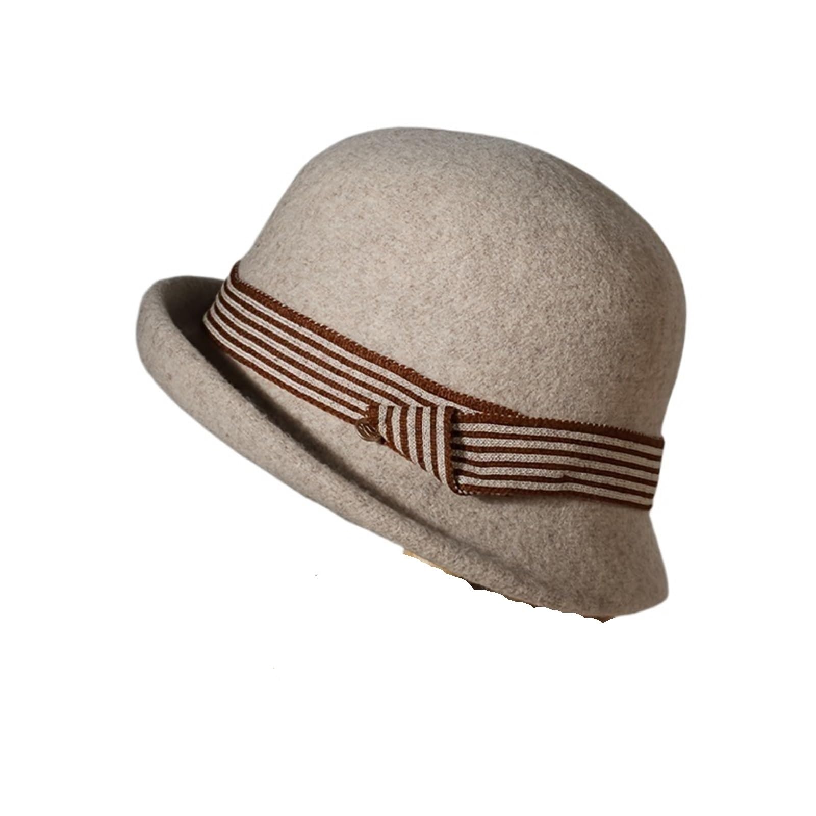 Fedora-Hut Filzhut, rundes Oberteil, modischer Kleiner Zylinder mit gewelltem Rand, Damen-Wollbeckenhut(Beige)