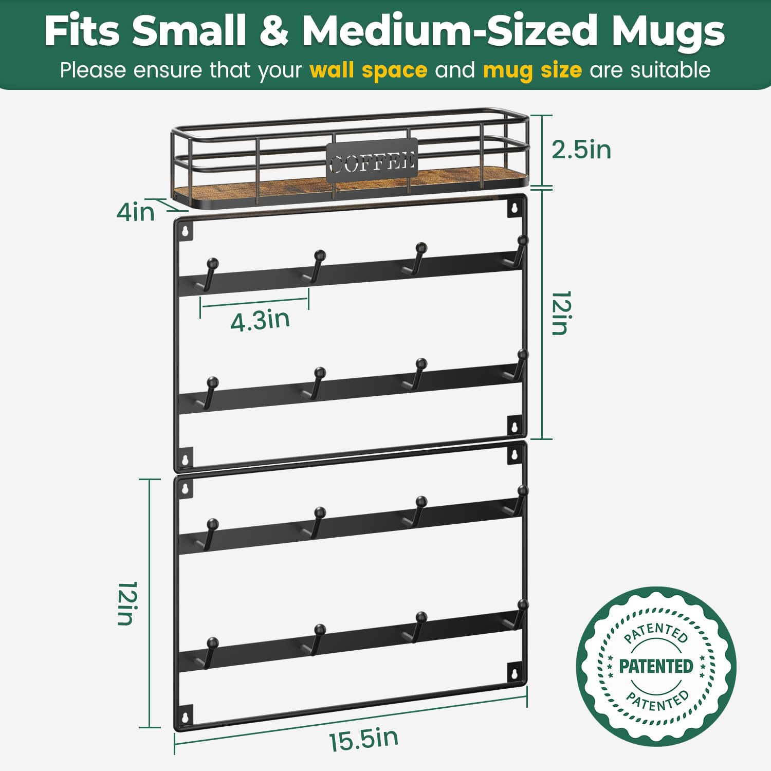 EsLucker.ly Tassenhalter Tassenständer Wand, Tassenregal Tassen Aufhanger Regal für die Wand, Kaffeetassen Regal, Tssenhalter Aufhängen, Platzsparendes Kaffeebar Zubehör, Ideal für Küchen