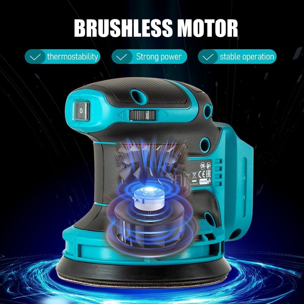 Orbital Sander Cordless, 5" Random Orbital Sander Compatible with Makita Battery, 12000 OPM Electric Palm Sander Tool with Dust Box & 10PCS Sanding Pads for Woodworking (18V Li-Battery Included)