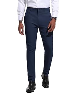 Mens Slim Fit Stretch Dress Pants Expandable Waist Business Casual Tapered Chino Trousers Dark Blue L