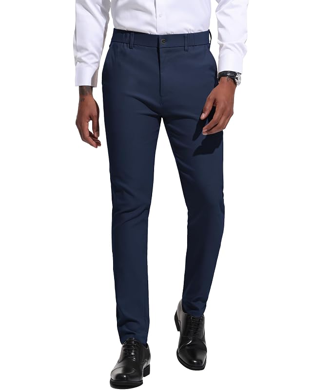 Mens Slim Fit Stretch Dress Pants Expandable Waist Business Casual Tapered Chino Trousers Dark Blue L