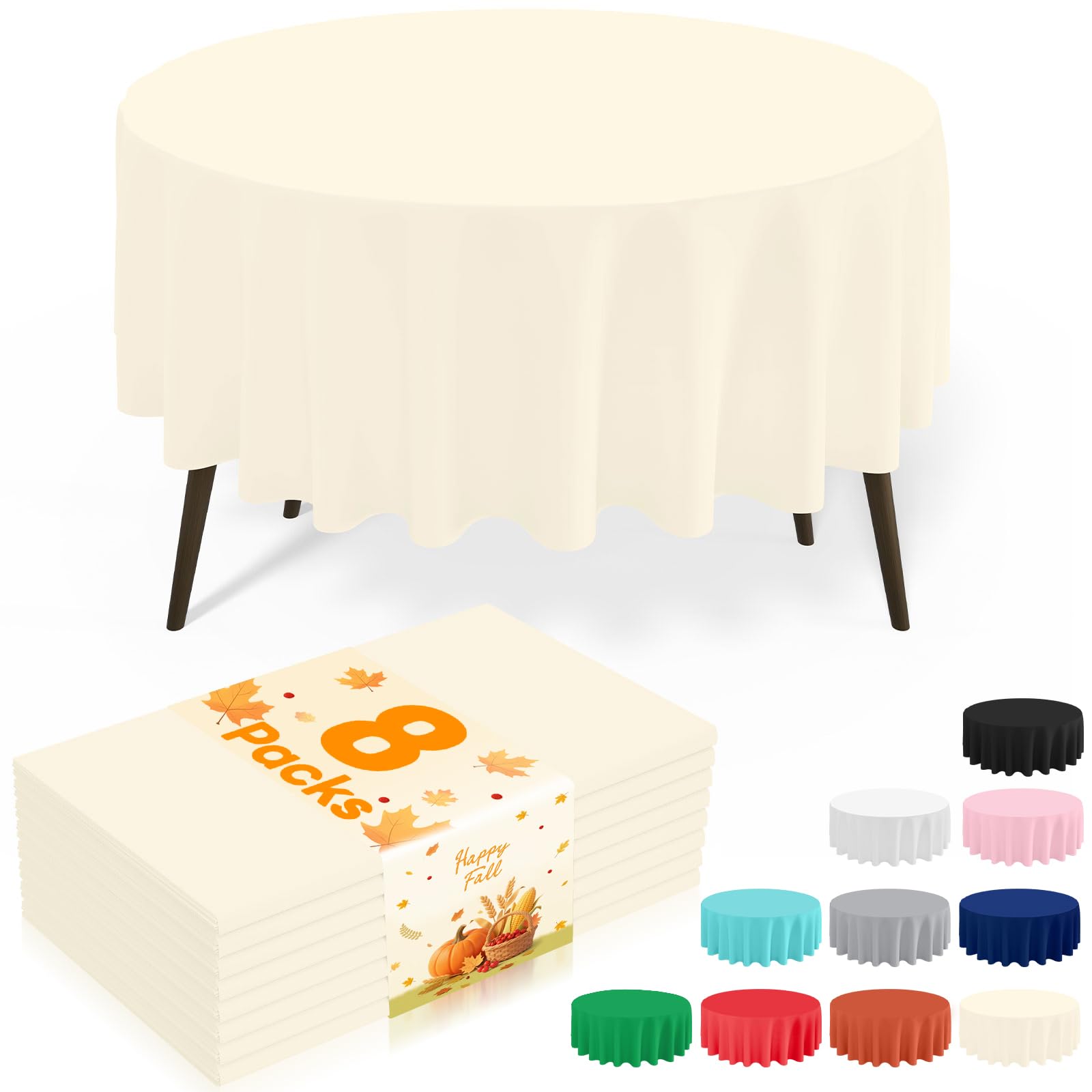 misaya 8 Packs Disposable Plastic Table Cloth, 84" Round Waterproof Tablecloth, Leakproof &amp; Sturdy Decorative Table Covers for Picnic, Party, Outdoor and Back to School, Beige