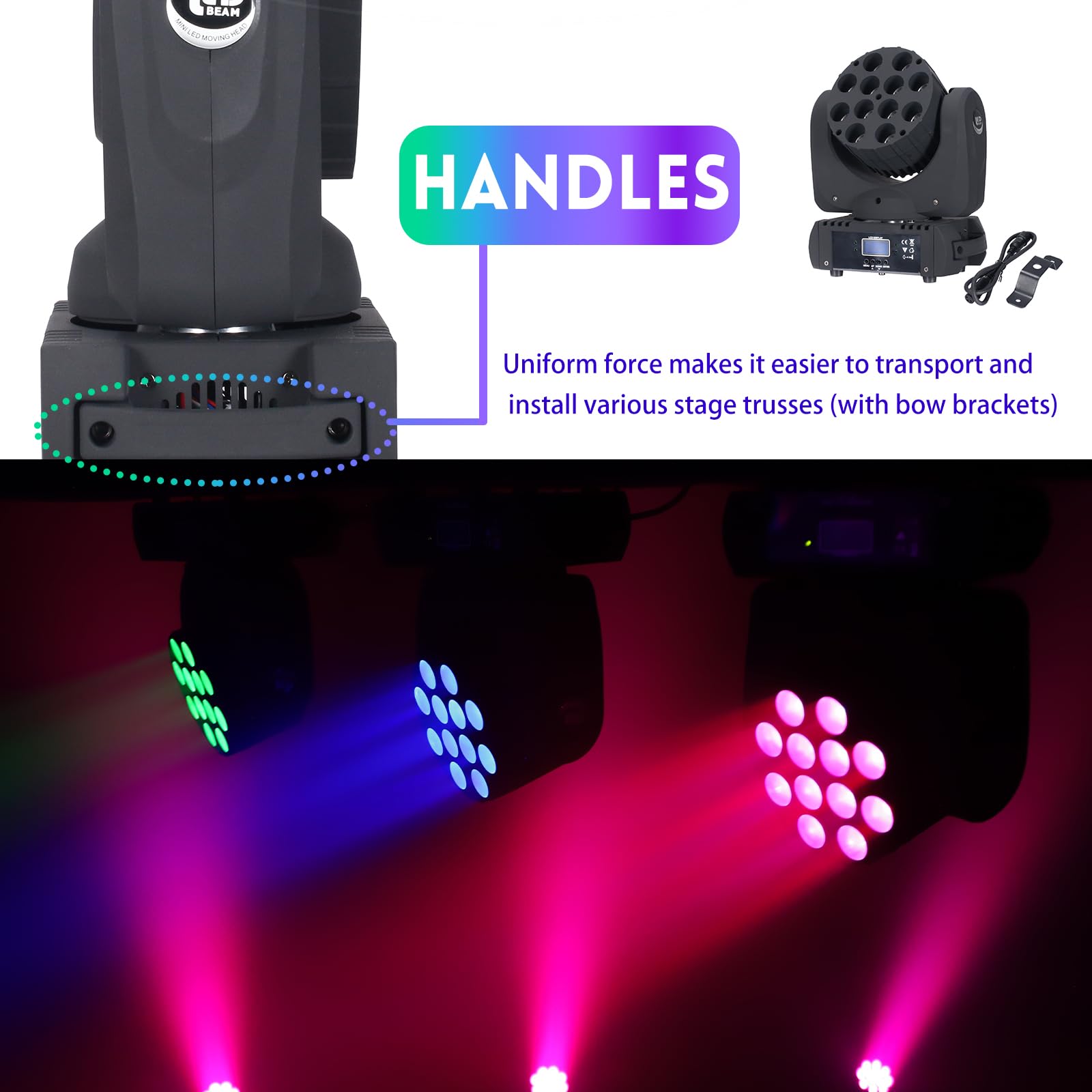 Lot de 2 faisceaux lumineux à tête mobile 12 x 12 W LED RGBW 4 en 1 professionnel DMX 512 effet stroboscopique activé par le son pour DJ, discothèque, karaoké, bar