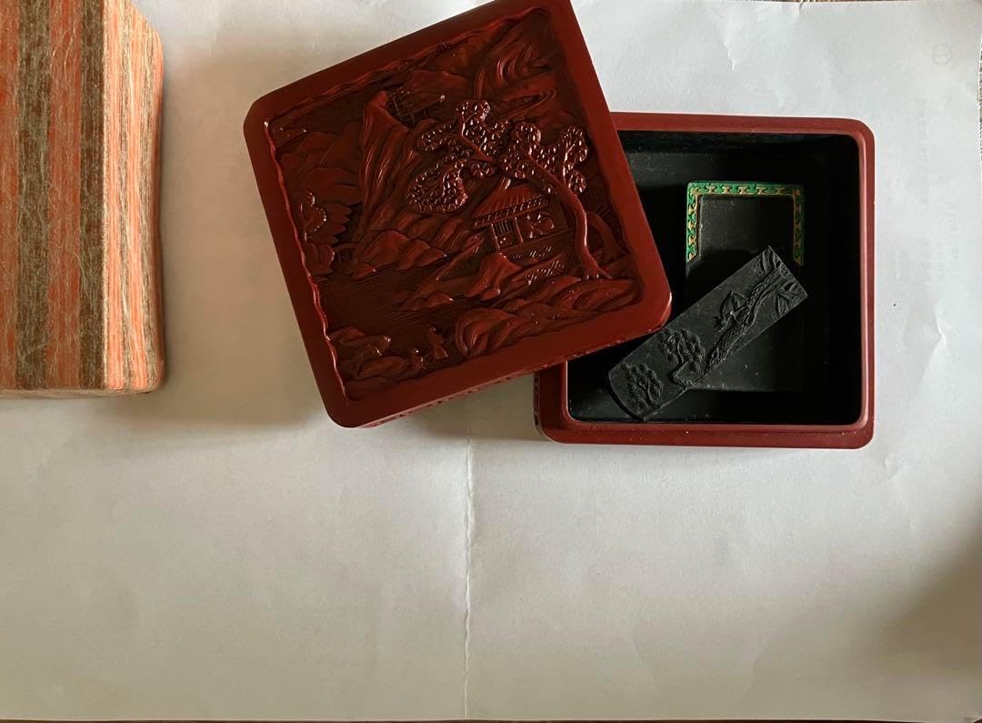 中国赤色彫刻硯箱と墨セット 中国赤色彫刻硯箱と墨セット