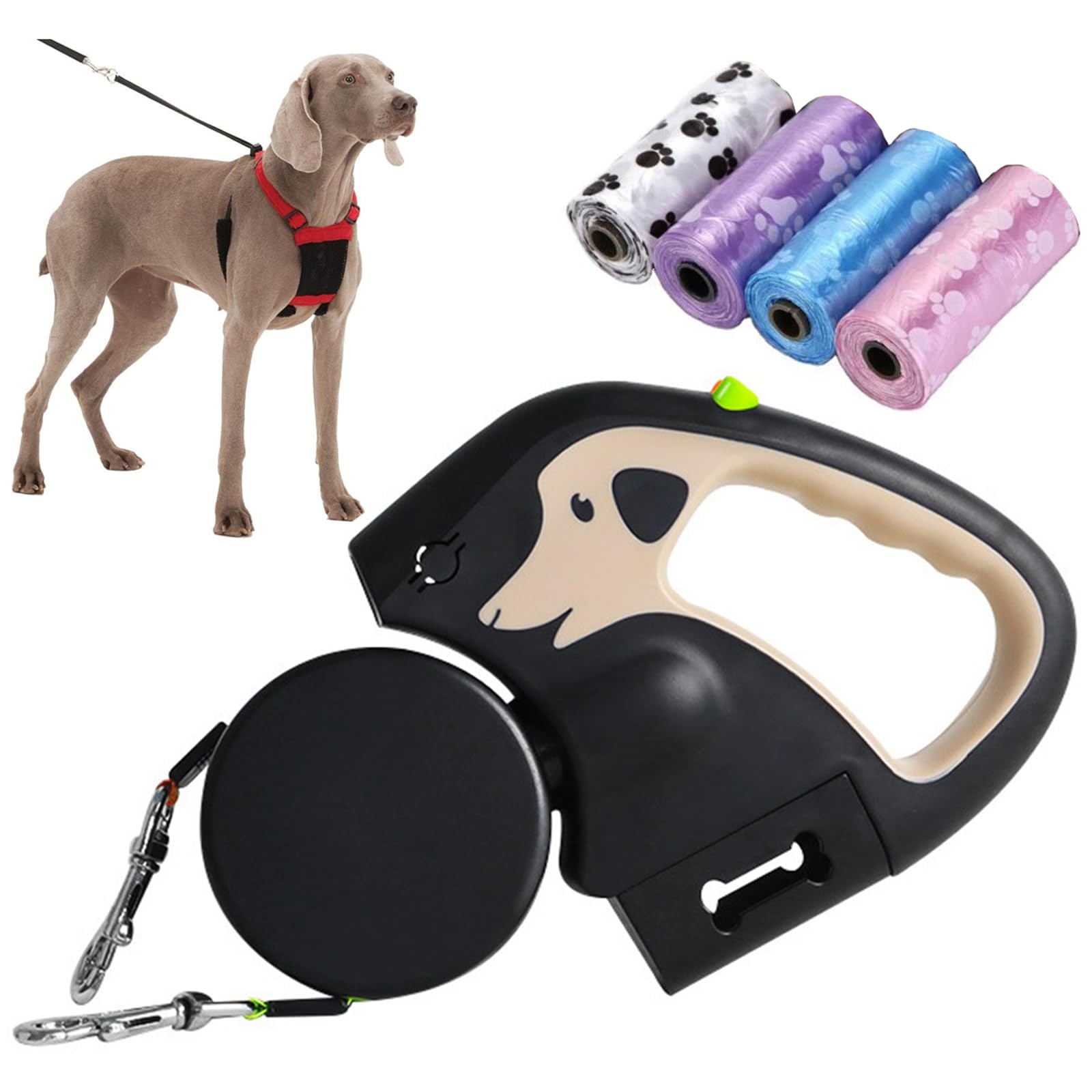 Guinzaglio LED per cani con dispenser per sacchetti di cacca, lungo 3 m, doppio manico, design senza grovigli, per addestramento all'obbedienza e facile da usare