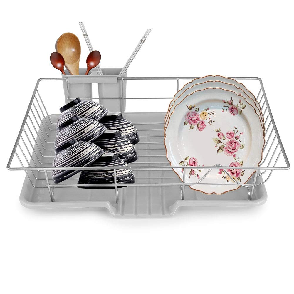 Ausla Sink Drainer, Metal Dish Drainer Rack with Draining Board & Drip Tray, External Cutlery Holder, Removable Draining Board, Space-Saving Kitchen Counter Rack 18.9x11.8x4.3in Silver