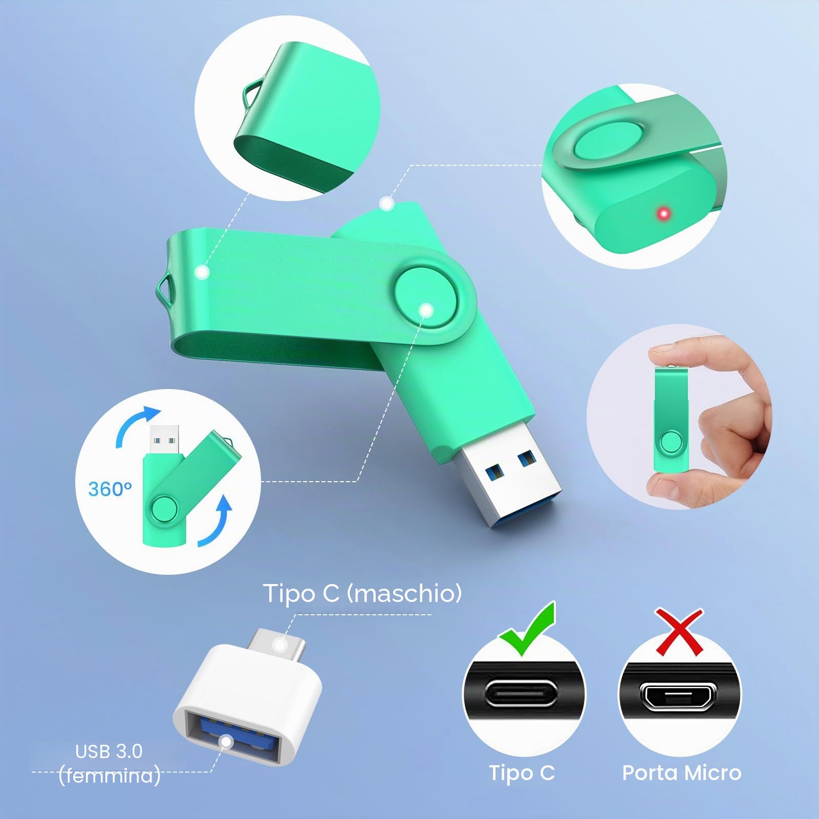 2 Chiavette USB 3.0 64GB Blu e Verde,WOOOLKEN Portachiavi e Type-C | per Scuola, Ufficio, Backup, Trasferimento Dati