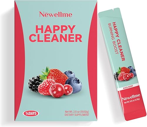 NEWELLME Happy Cleaner Gut Health Superfoods en polvo, sabor a bayas, con probiótico, prebiótico y fibra a base de plantas para el equilibrio intestinal, alivio de la hinchazón, mezcla de bebida vegana sin azúcar (14 paquetes)