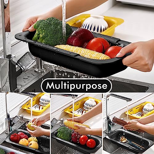 Image of KesaPlan Collapsible Sink Colanders and Strainers Basket Extendable Plastic Fruit Vegetable Strainer Drainer Basket for Kitchen (Length 13.6 inch-18.7 inch) (black)