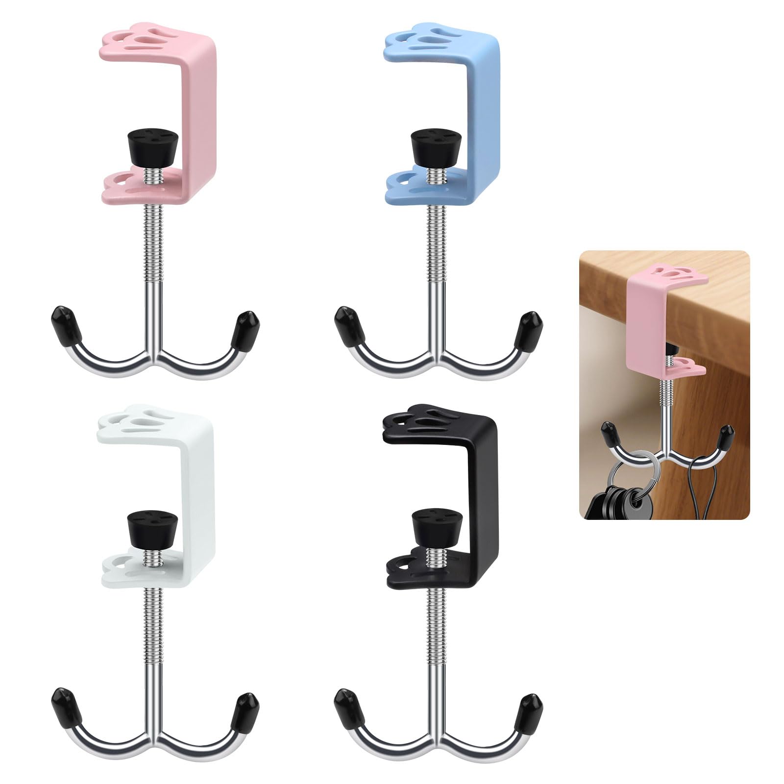Diakey Multicolor 4 Pack Purse Hook For Table, Clamp-On Anti-Scratch Purse Hanger, Metal Bag Holder Under Desk For Handbag, Backpack, Headphone, Umbrella, Double Hooks
