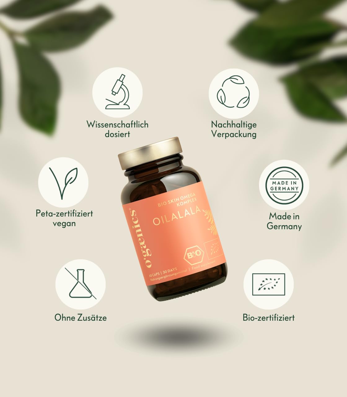 Ogaenics Oilalala Bio Skin Omega-Komplex aus Sanddorn – Veganes Omega 3-6-7-9 mit Vitamin A und E für trockene Haut und Schleimhäute, 60 Kapseln, Made in Germany