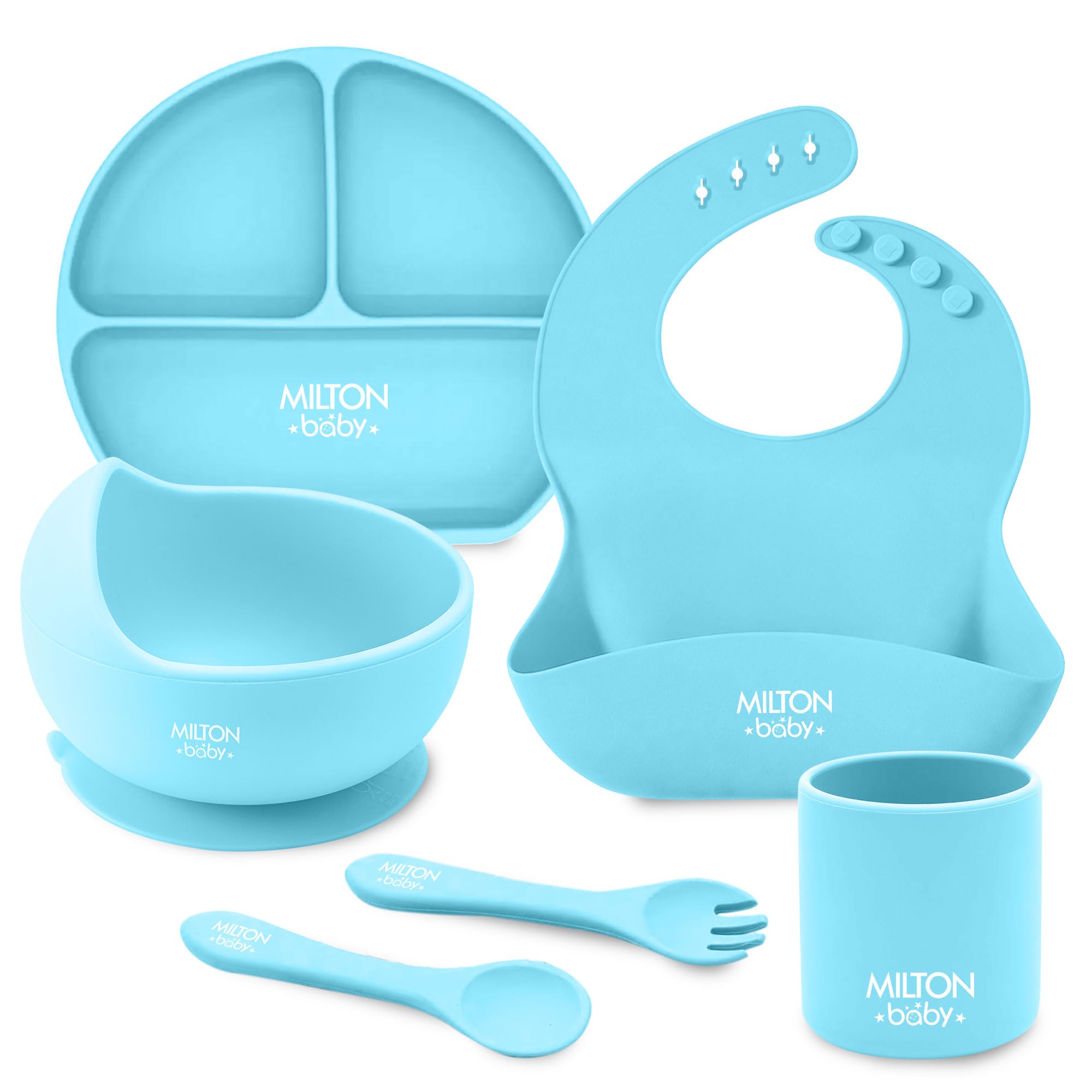 Silicone Feeding Set of 6 I Strong Suction Base with Release Tab I 100% Food Grade-BPA Free I Weighted Base Tumbler I No Mess I Adjustable Fit Bib I Soft Spoon I Sky Blue-image-45