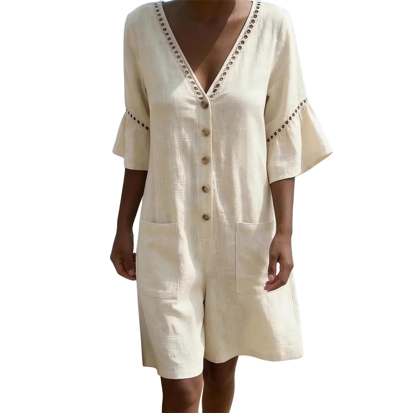 Mono de verano corto de algodón para mujer, elegante, cuello en V