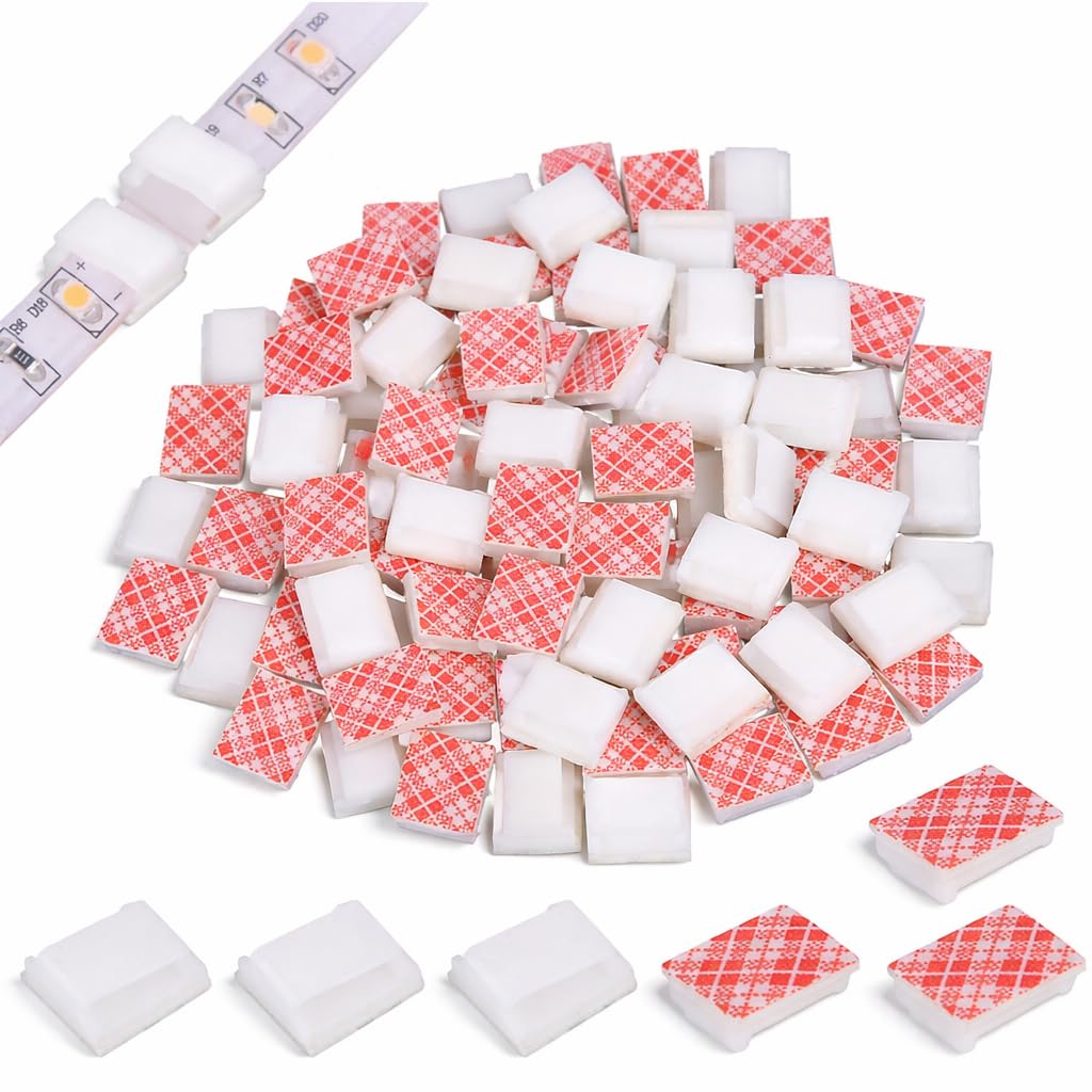 60PCS LED Light Strip Mounting Clips with Strong Self-Adhesive, White Cable Clamp Holders for 10mm Wide 3528 5050 LED Tape, Light Strip Organizer for Wall TV Furniture Wire Management