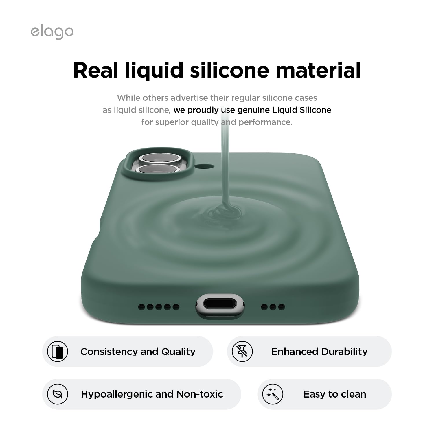 elago Cover Compatibile con iPhone 16 - Custodia in Silicone Liquido Premium, Protettiva Completa, Antiurto, Sottile, Fodera in Microfibra Antigraffio (Notte Verde)